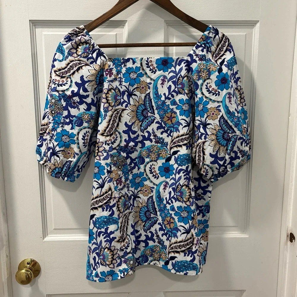 Talbots Blue, White and Tan Paisley Floral Square-Neck Blouse - Picture 8 of 9